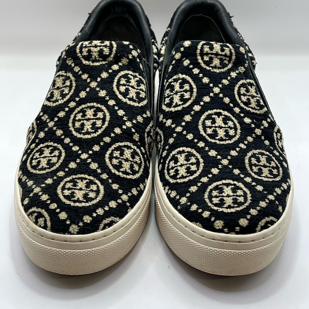 Tory Burch Black and Cream Logo Slip-On Sneakers